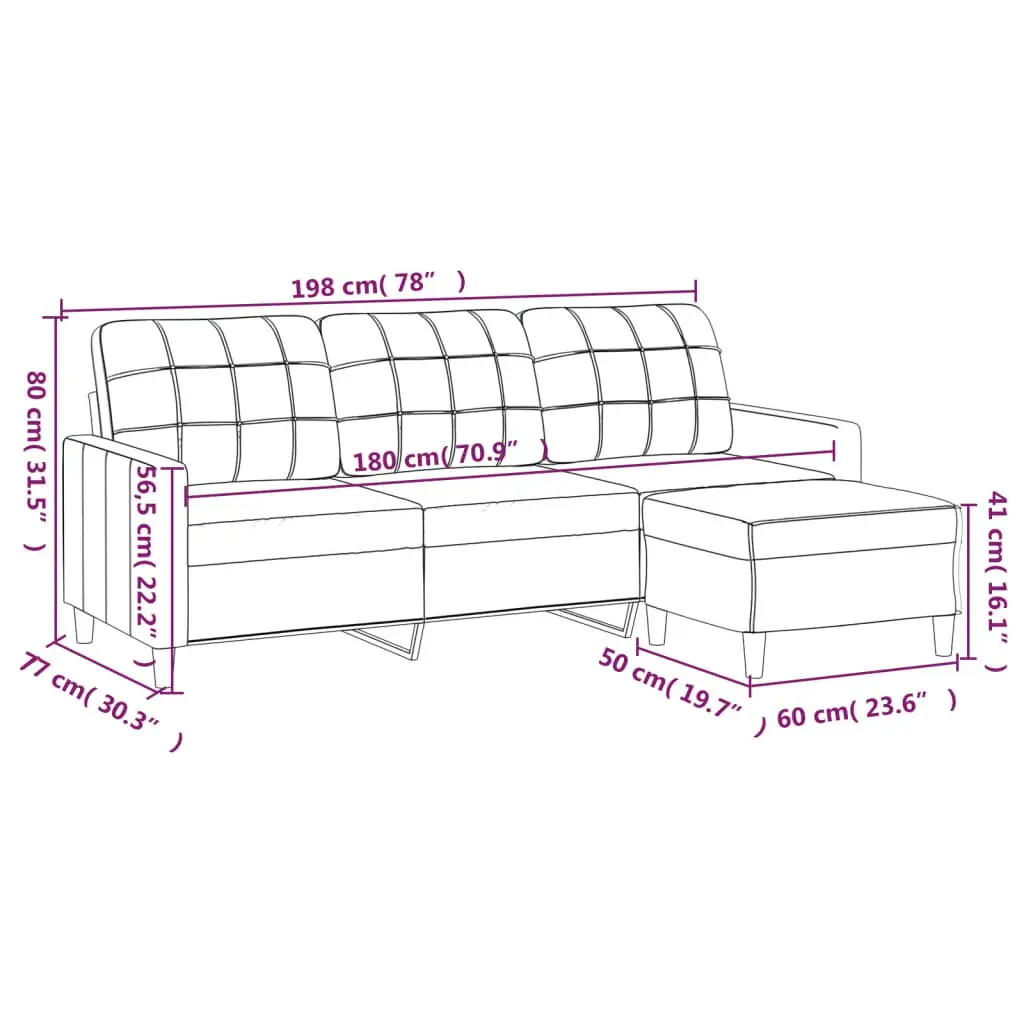 3-Seater Sofa with Footstool Grey 180cm Living Room Fabric Lounge Seat