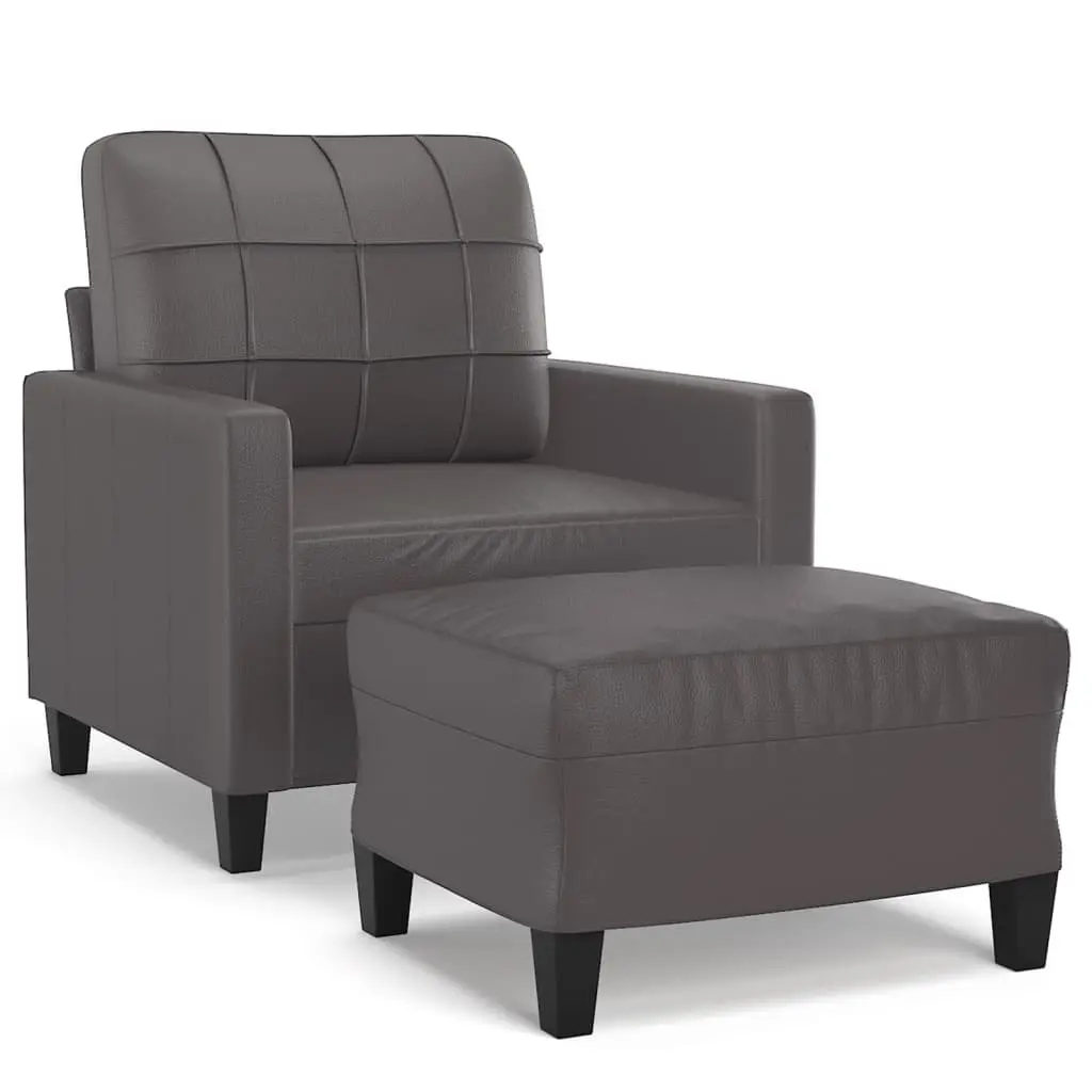 Sofa Chair with Footstool Grey Faux Leather Compact Living Room Armchair Seat
