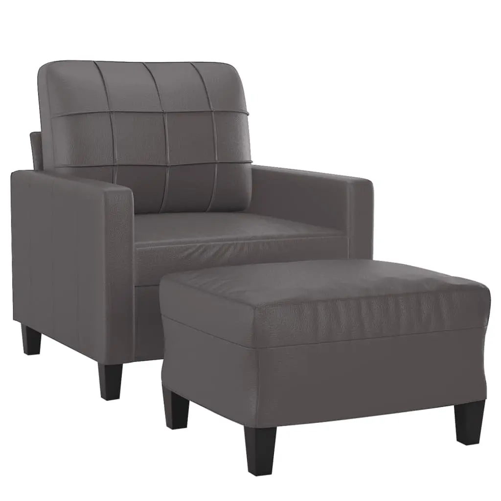 Sofa Chair with Footstool Grey Faux Leather Compact Living Room Armchair Seat