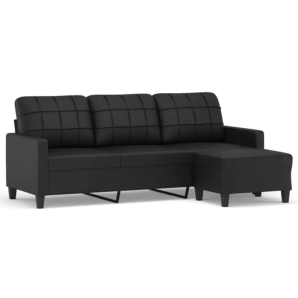 3-Seater Sofa with Footstool Black Faux Leather Living Room Furniture 180cm