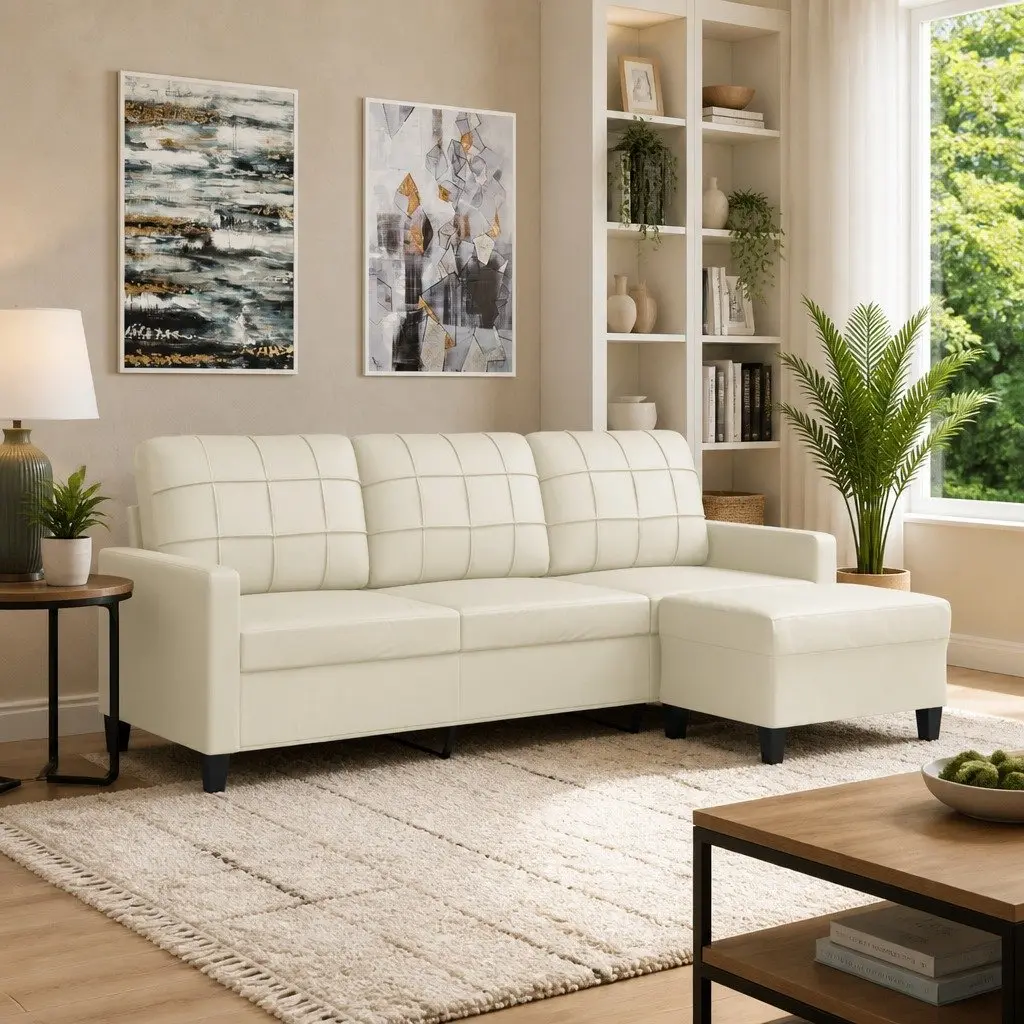 3-Seater Sofa with Footstool Cream 180cm Faux Leather Lounge Couch Living Room