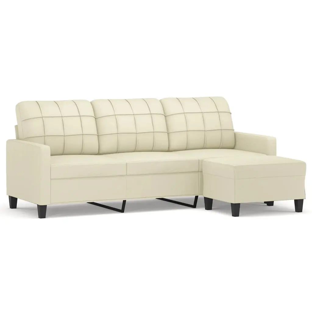 3-Seater Sofa with Footstool Cream 180cm Faux Leather Lounge Couch Living Room