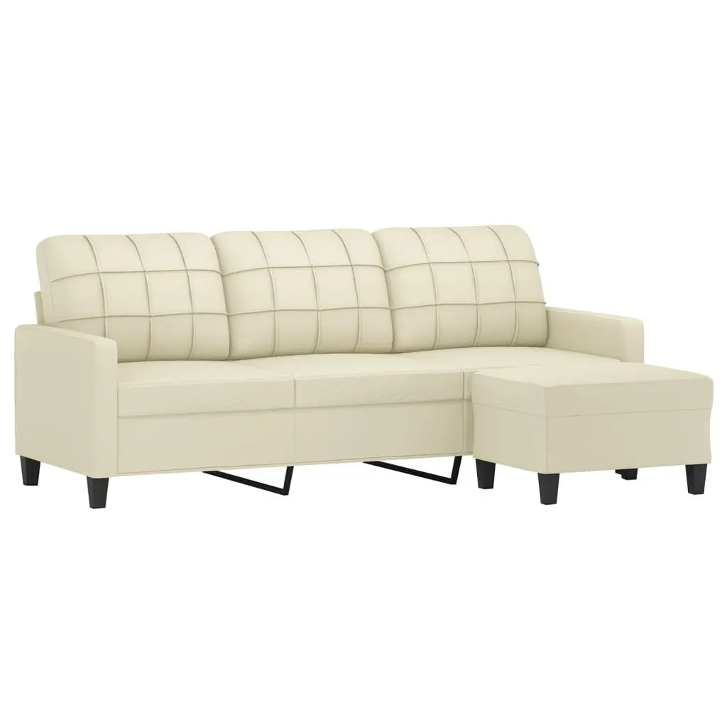 3-Seater Sofa with Footstool Cream 180cm Faux Leather Lounge Couch Living Room