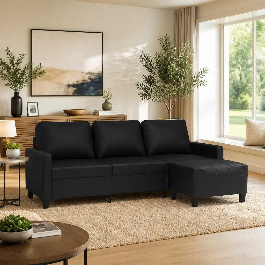 3-Seater Sofa Living Room Black Faux Leather 180cm