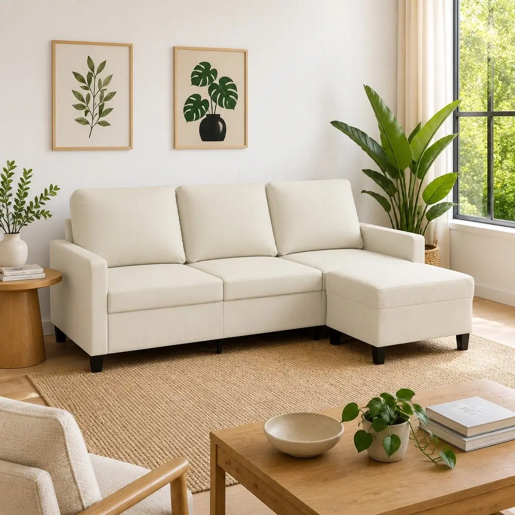 3-Seater Sofa with Footstool Cream 180cm Living Room Lounge Couch Furniture