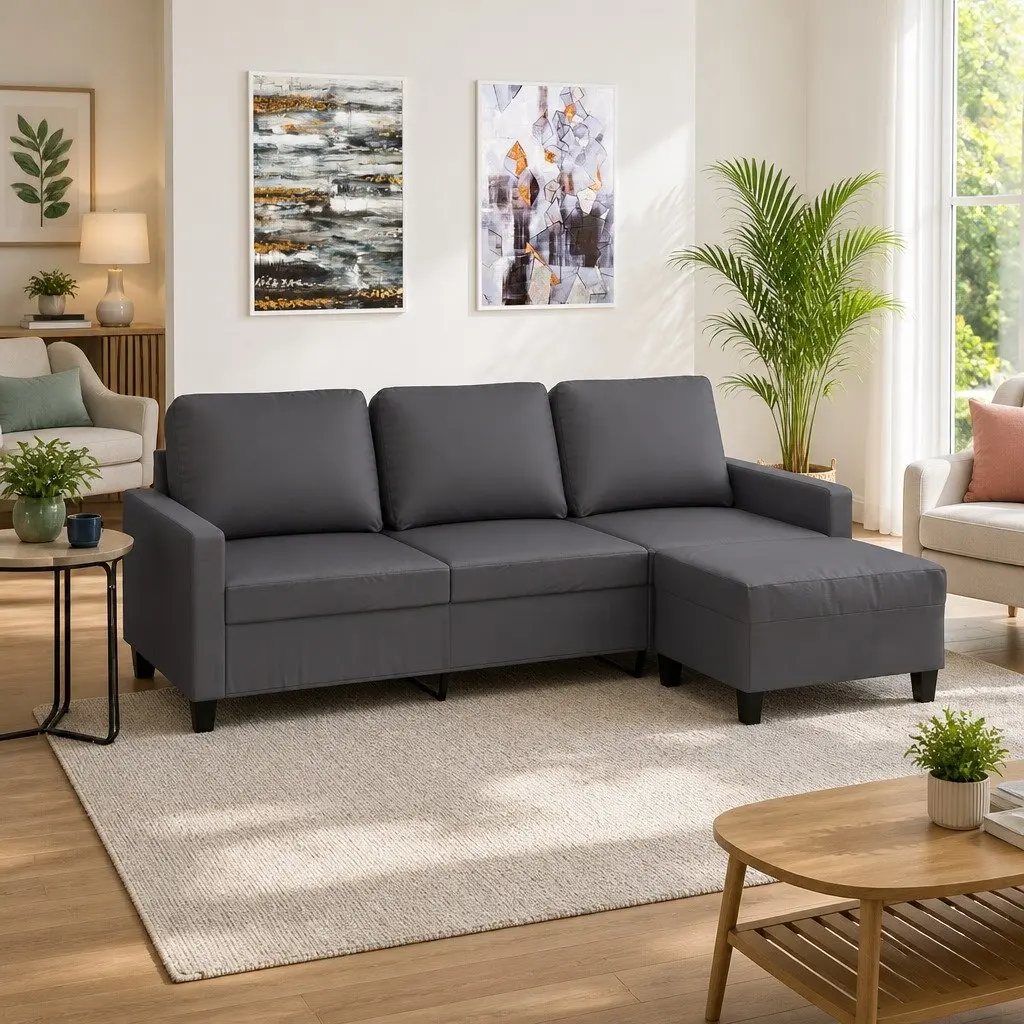 3-Seater Sofa Living Room Grey 180cm Faux Leather