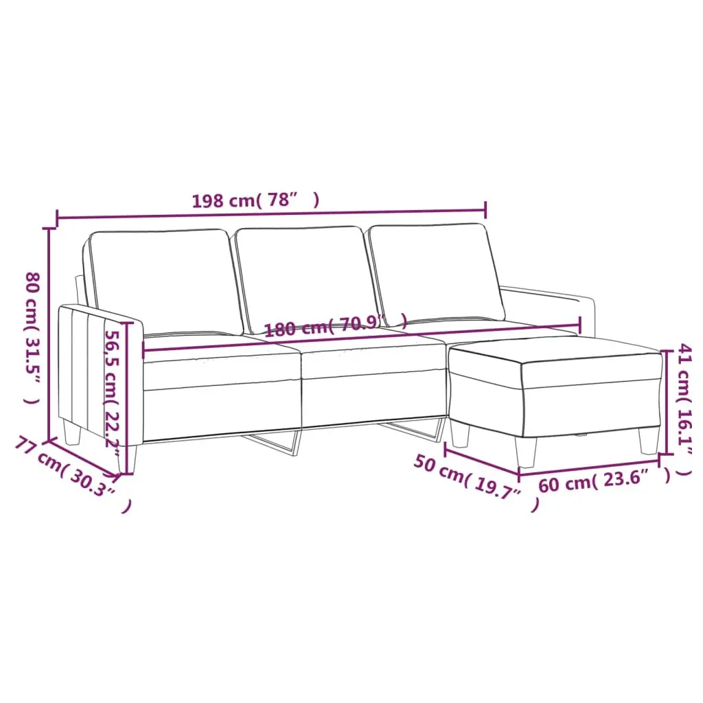 3-Seater Sofa with Footstool Grey Living Room Lounge Couch 180cm Fabric Seat