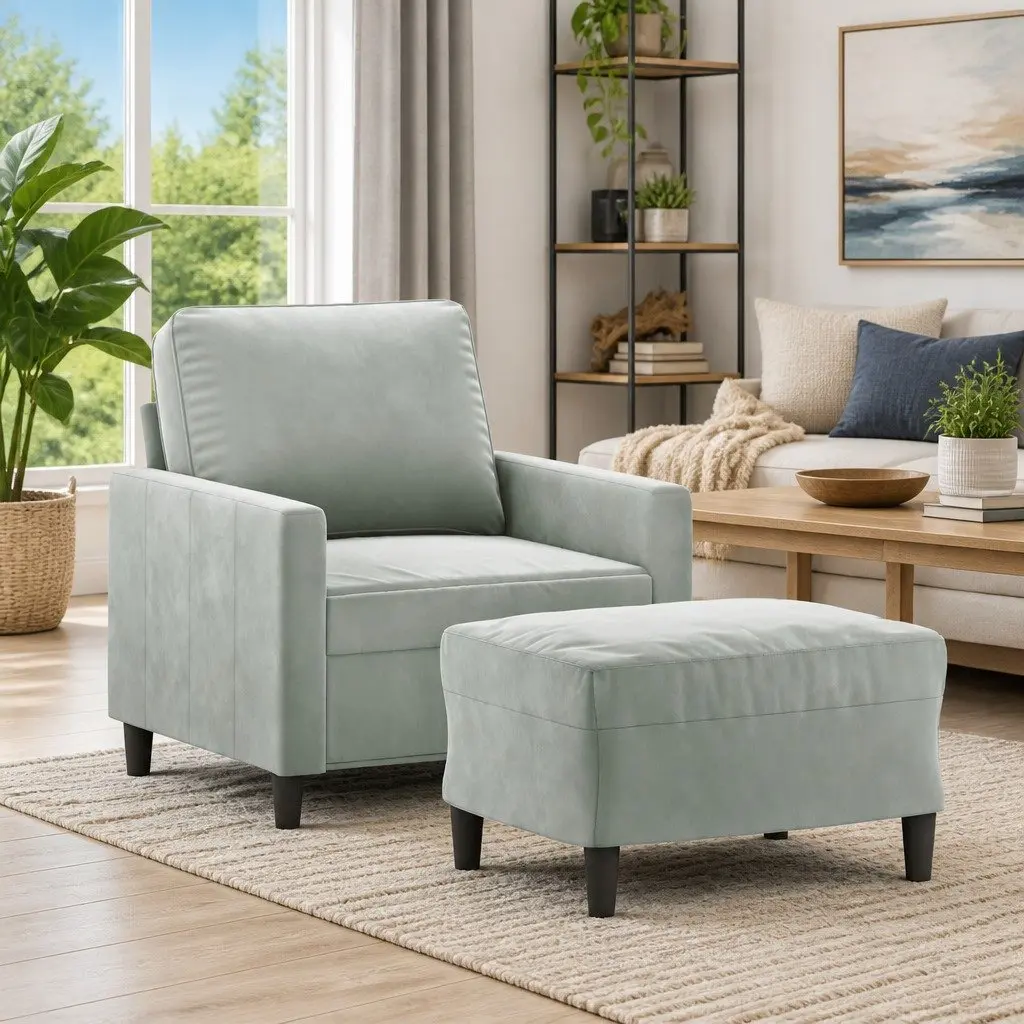 Grey Velvet Sofa Chair with Footstool Living Room Compact 60cm