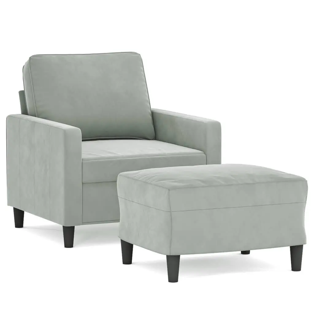 Grey Velvet Sofa Chair with Footstool Living Room Compact 60cm