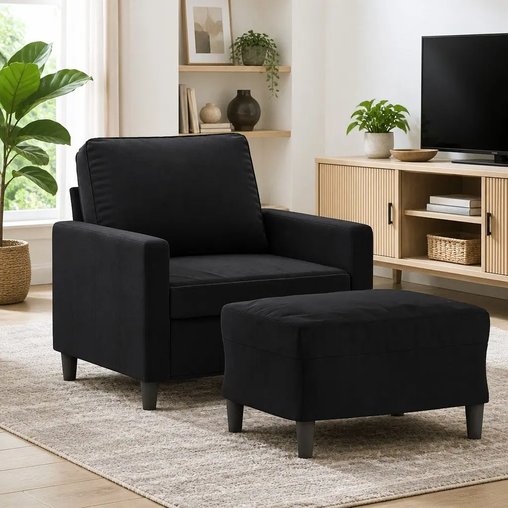 Sofa Armchair with Footstool Black Velvet 60cm Accent Chair Lounge Seat