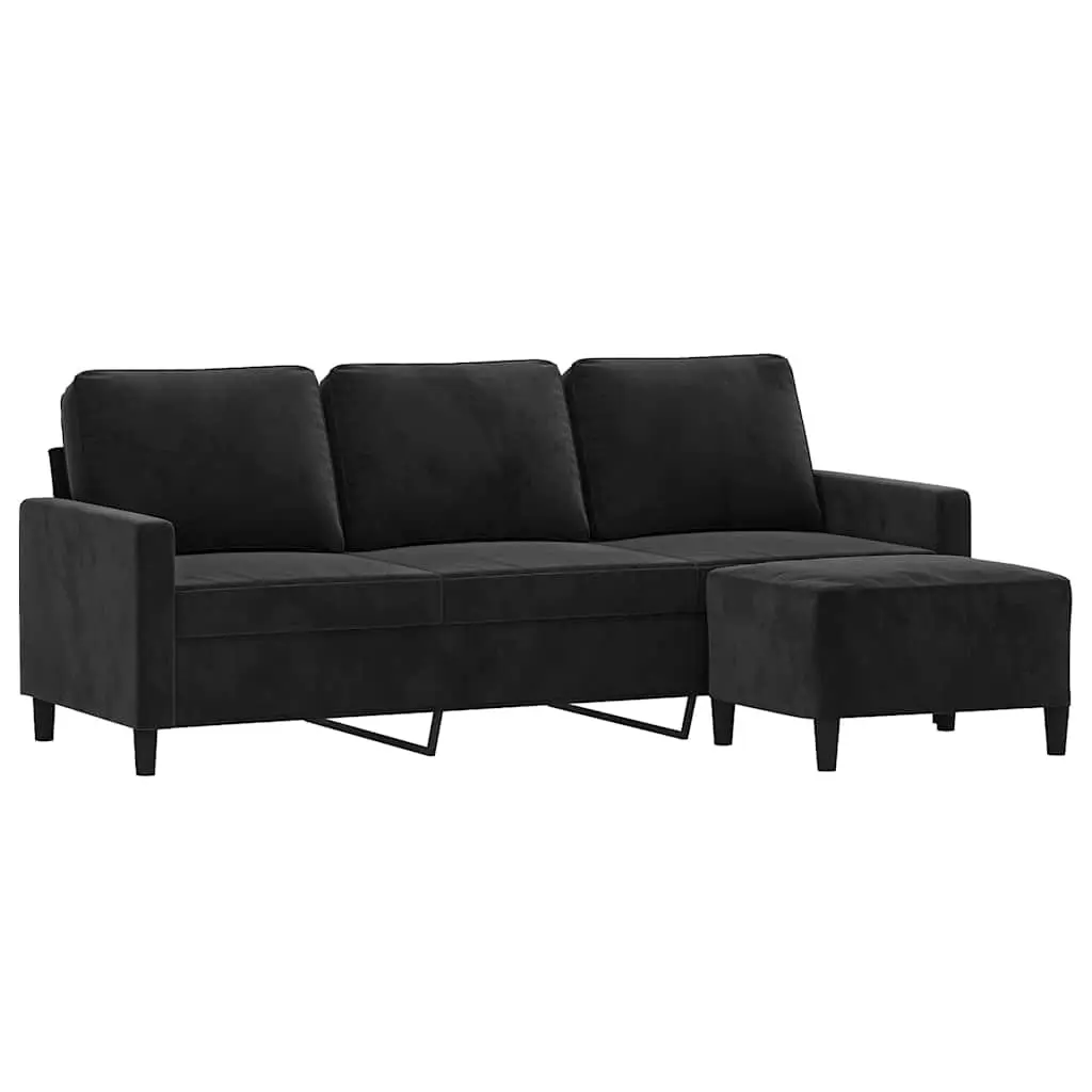 3-Seater Sofa with Footstool Living Room Black Velvet 180cm