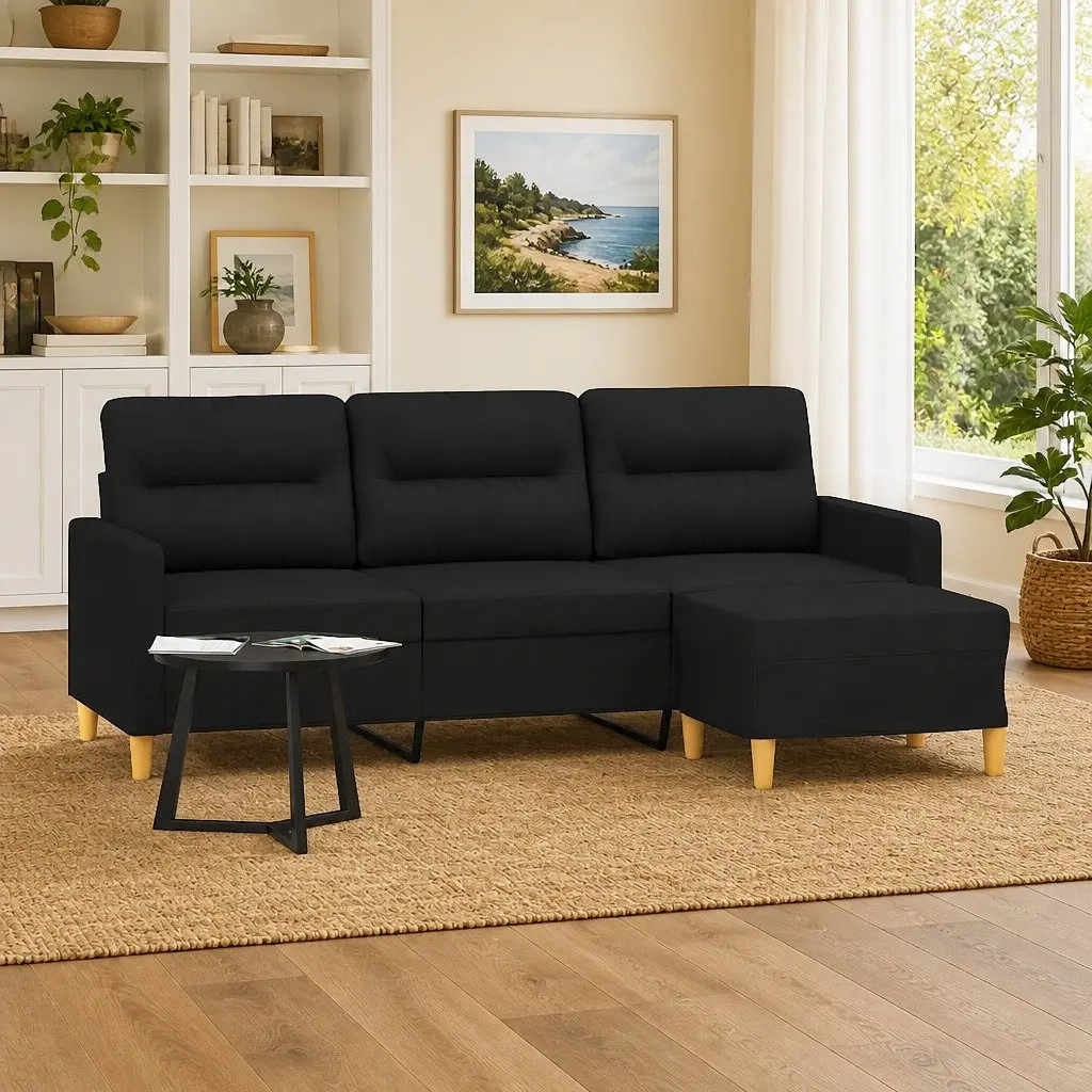 3-Seater Sofa with Footstool Black 180cm Fabric Lounge Couch Living Room