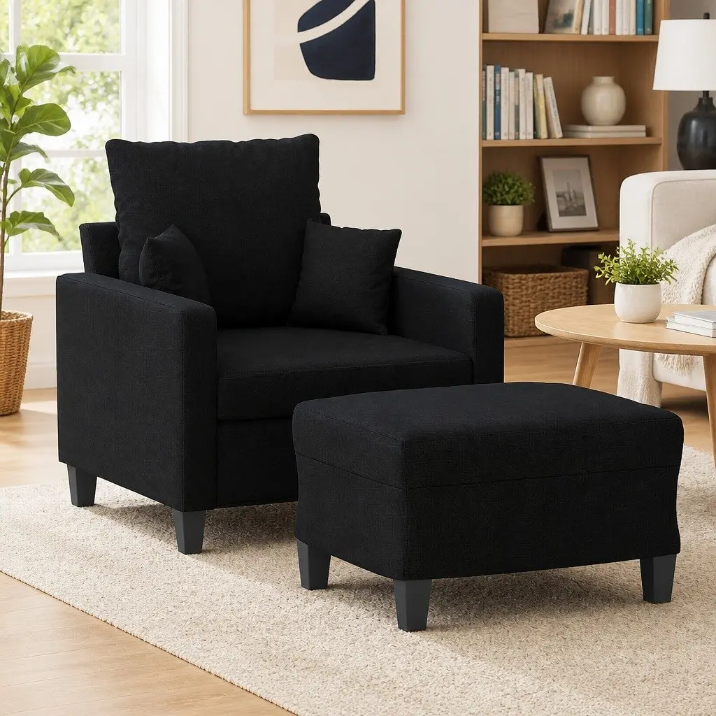 Black Fabric Sofa Chair with Footstool Living Room Seating 60cm