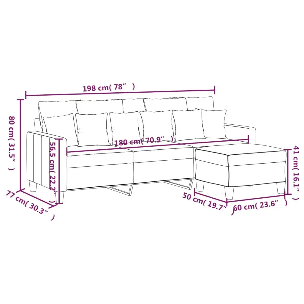 3-Seater Grey Fabric Sofa with Footstool