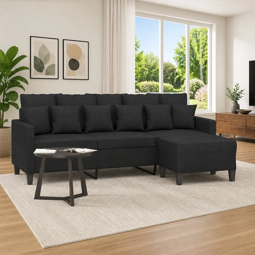 3-Seater Sofa Black for Living Room 180cm Fabric Couch with Footstool