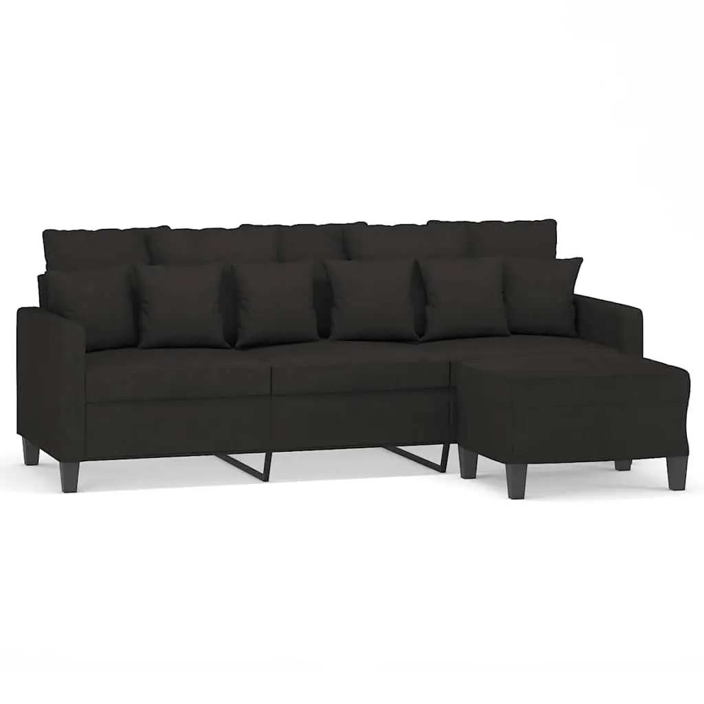 3-Seater Sofa Black for Living Room 180cm Fabric Couch with Footstool