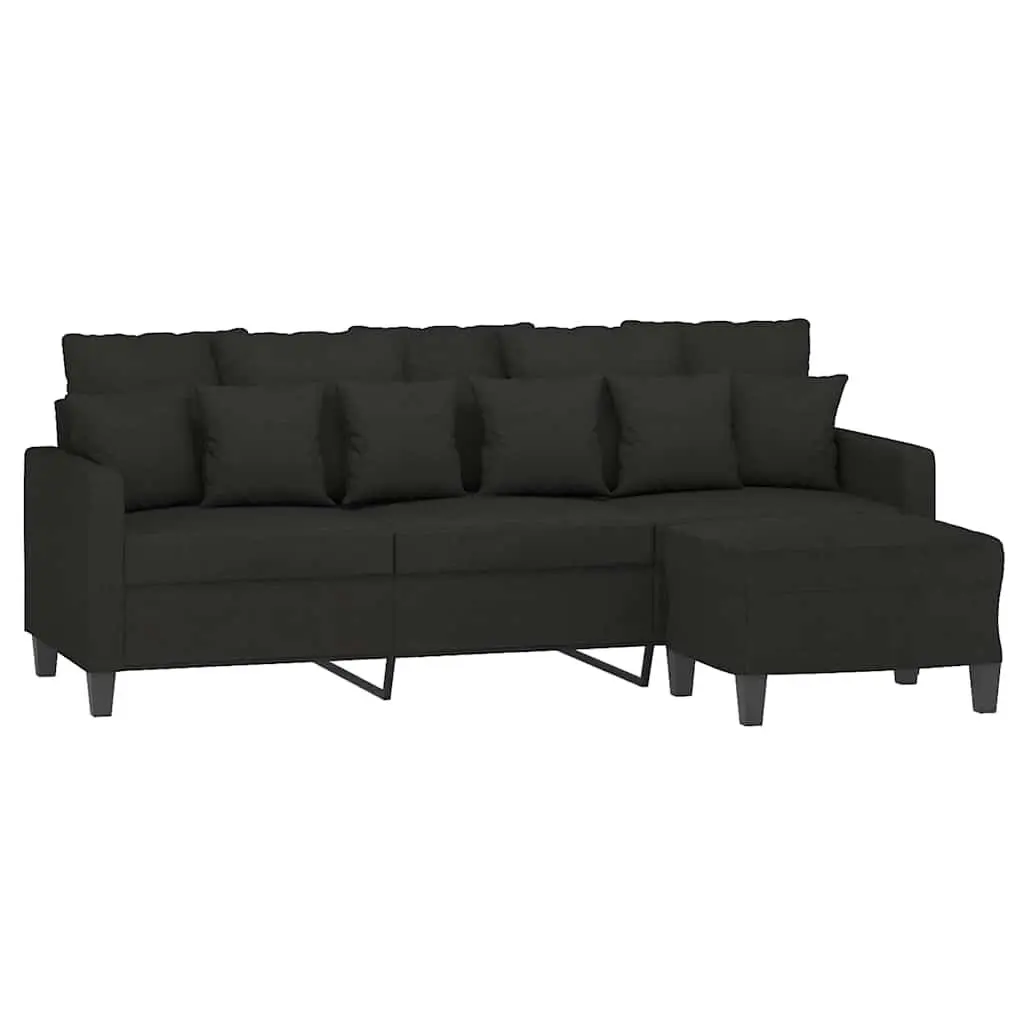 3-Seater Sofa Black for Living Room 180cm Fabric Couch with Footstool