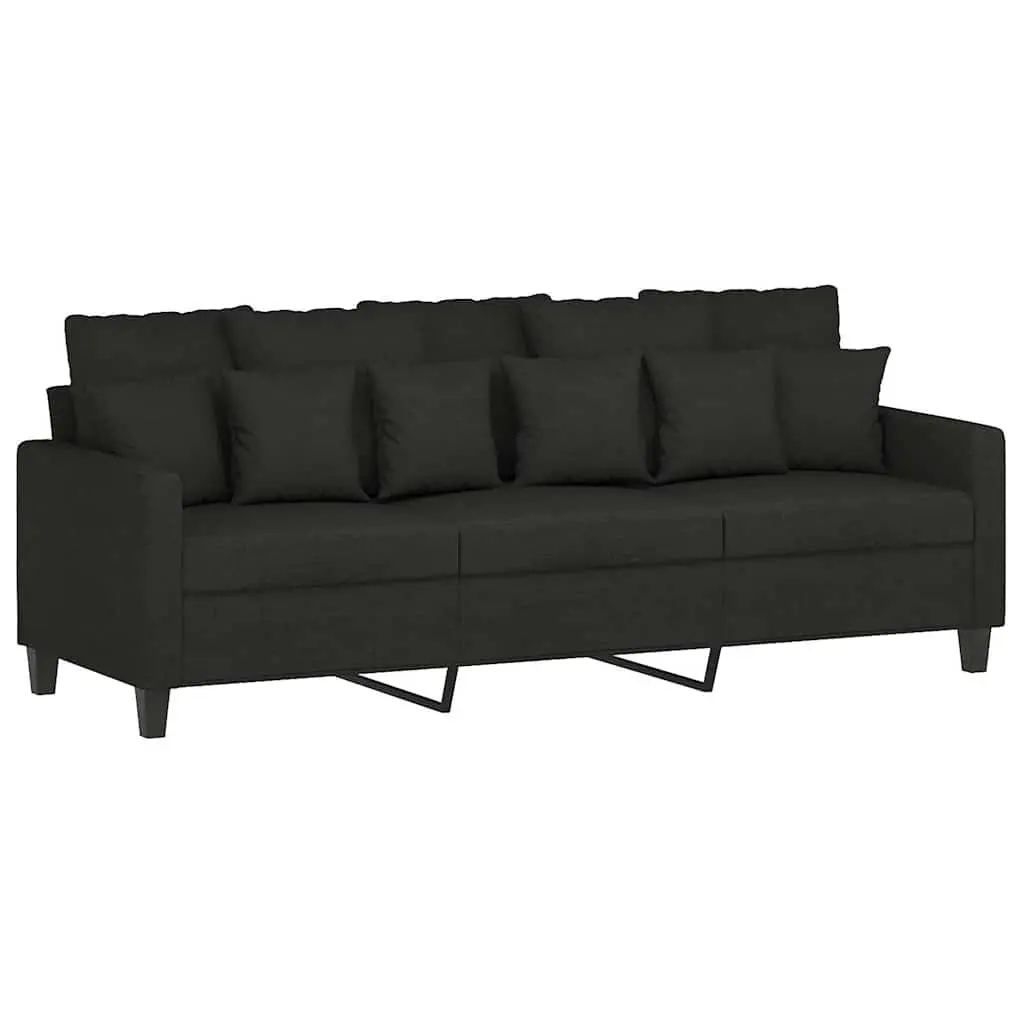 3-Seater Sofa Black for Living Room 180cm Fabric Couch with Footstool