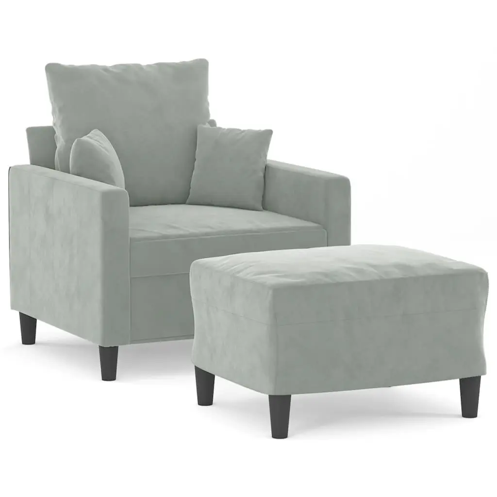 Sofa Chair with Footstool for Living Room Grey Velvet Compact Size