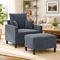 Compact Grey Velvet Sofa Chair with Footstool - 60 cm Width