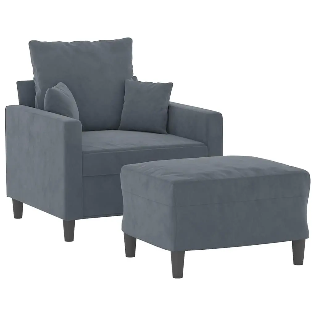 Grey Velvet Sofa Chair with Footstool Compact Armchair Modern Living Room