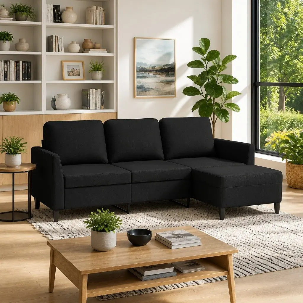 3-Seater Sofa with Footstool Living Room Black Faux Leather 180cm