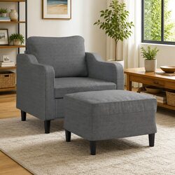 Grey Fabric Sofa Chair with Footstool Armchair Lounge Seat 60cm Living Room