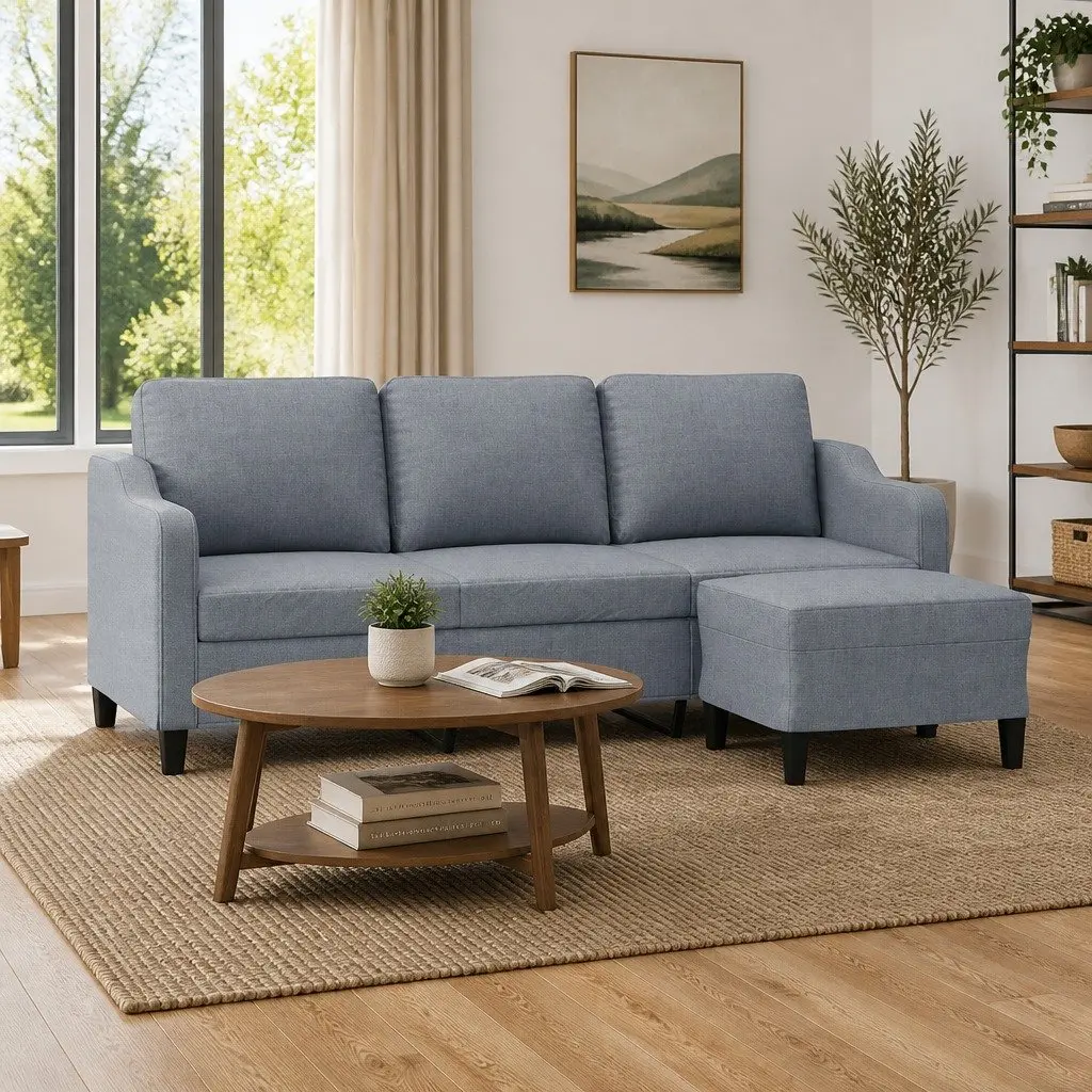 3-Seater Sofa with Footstool Grey 180cm