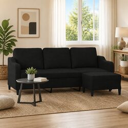 3-Seater Sofa with Footstool: Black, 180cm Wide