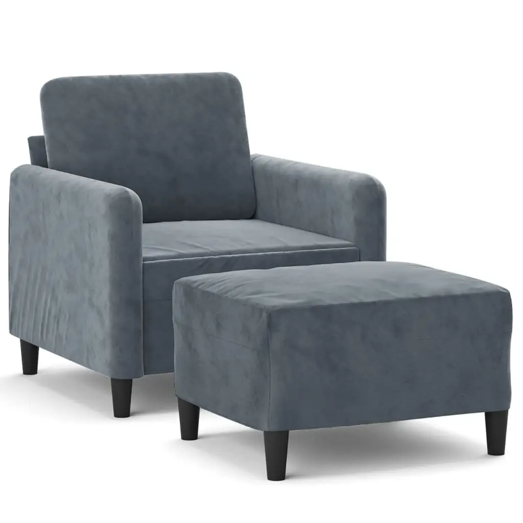 Sofa Chair with Footstool Grey Velvet Compact Armchair Living Room Furniture