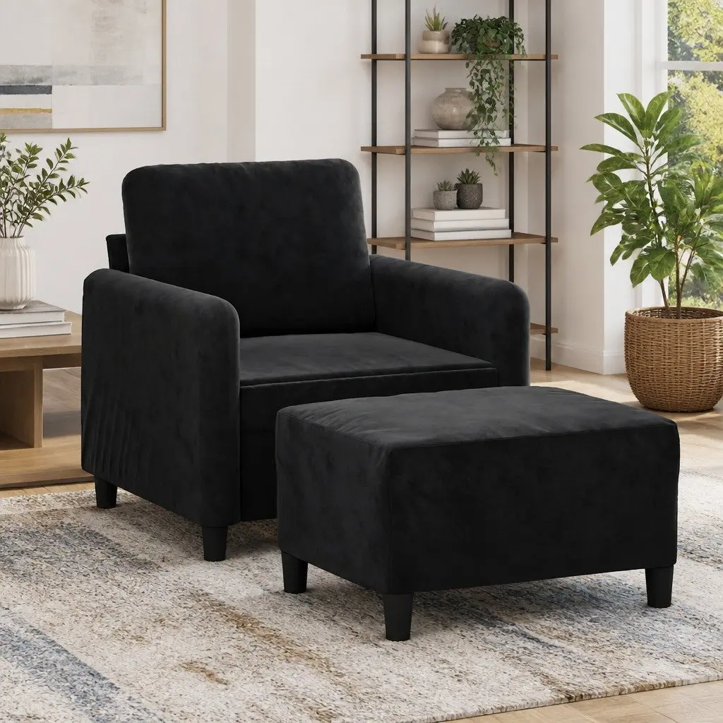 Black Velvet Sofa Chair with Footstool Compact Armchair Lounge Seat 60cm