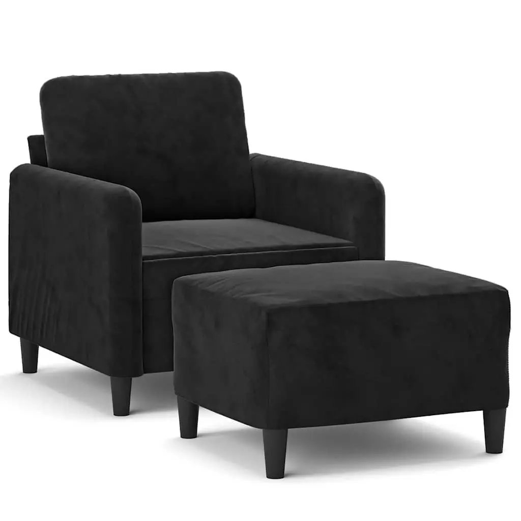 Black Velvet Sofa Chair with Footstool Compact Armchair Lounge Seat 60cm