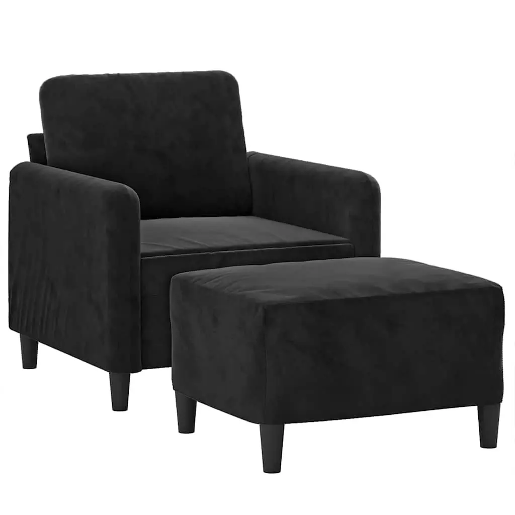 Black Velvet Sofa Chair with Footstool Compact Armchair Lounge Seat 60cm
