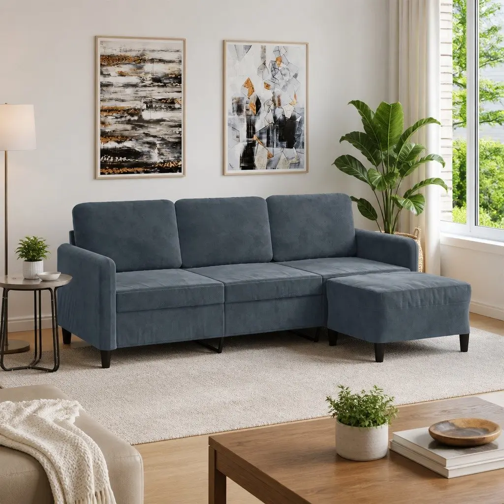 3-Seater Sofa with Footstool Living Room Furniture Grey Velvet 180cm