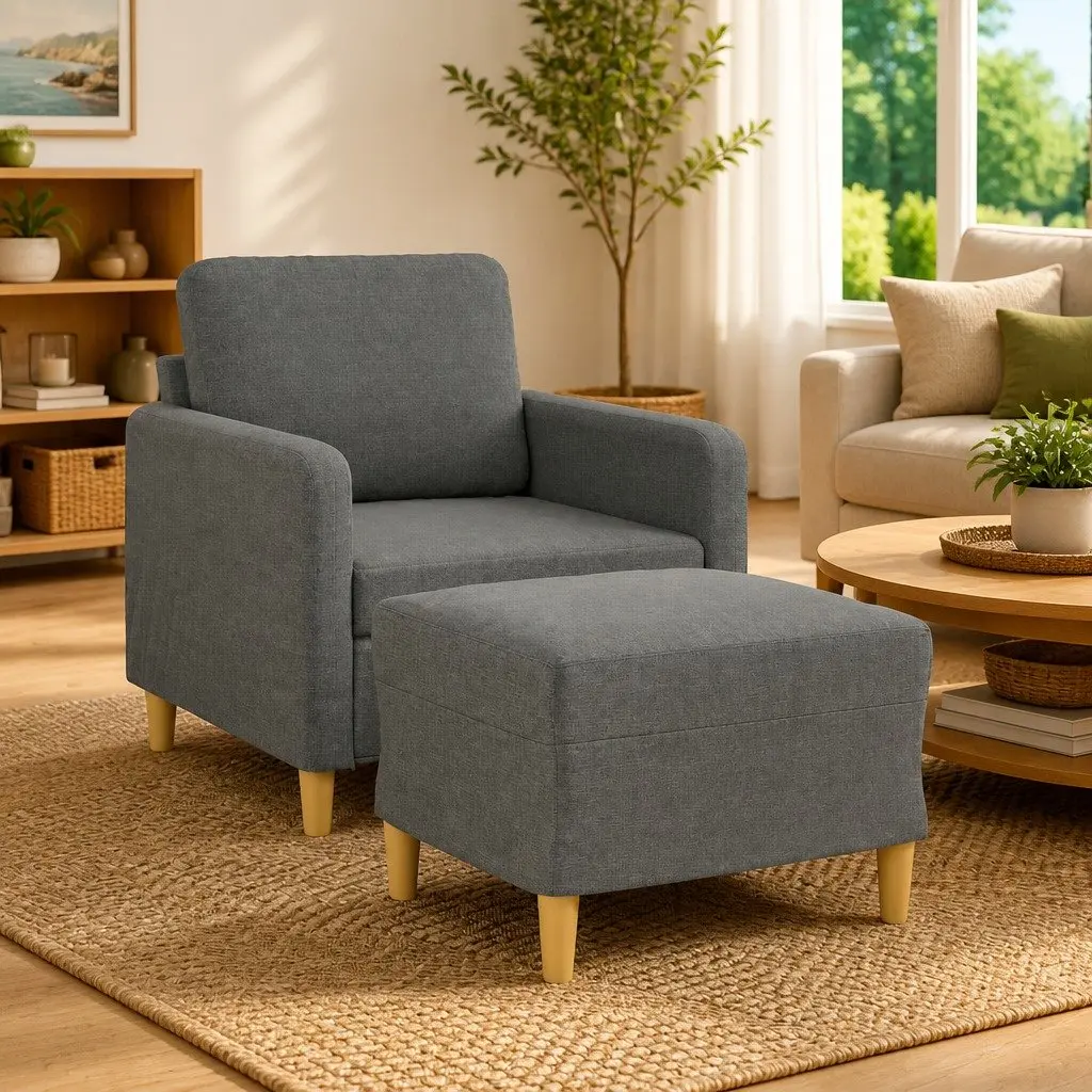 Grey Fabric Sofa Chair with Footstool Living Room Furniture