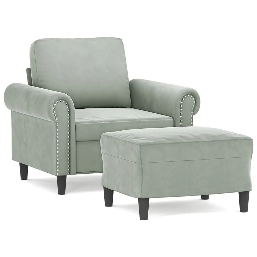Sofa Chair with Footstool Grey Velvet Lounge Seat Armchair Living Room Furniture
