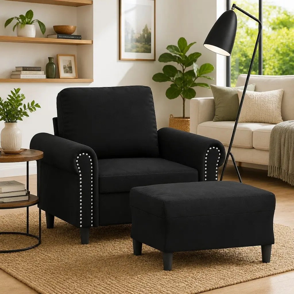 Black Velvet Armchair with Footstool