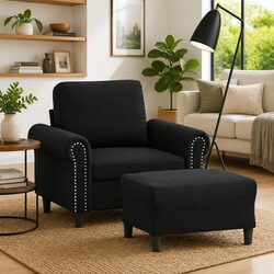 Black Velvet Sofa Chair and Footstool Specs and Features