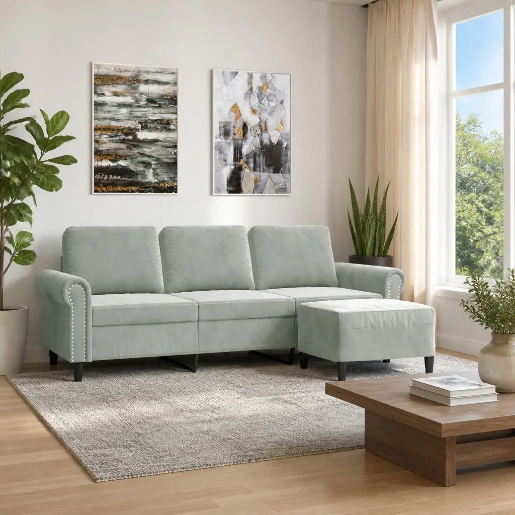 3-Seater Sofa with Footstool for Living Room Grey Velvet 180cm