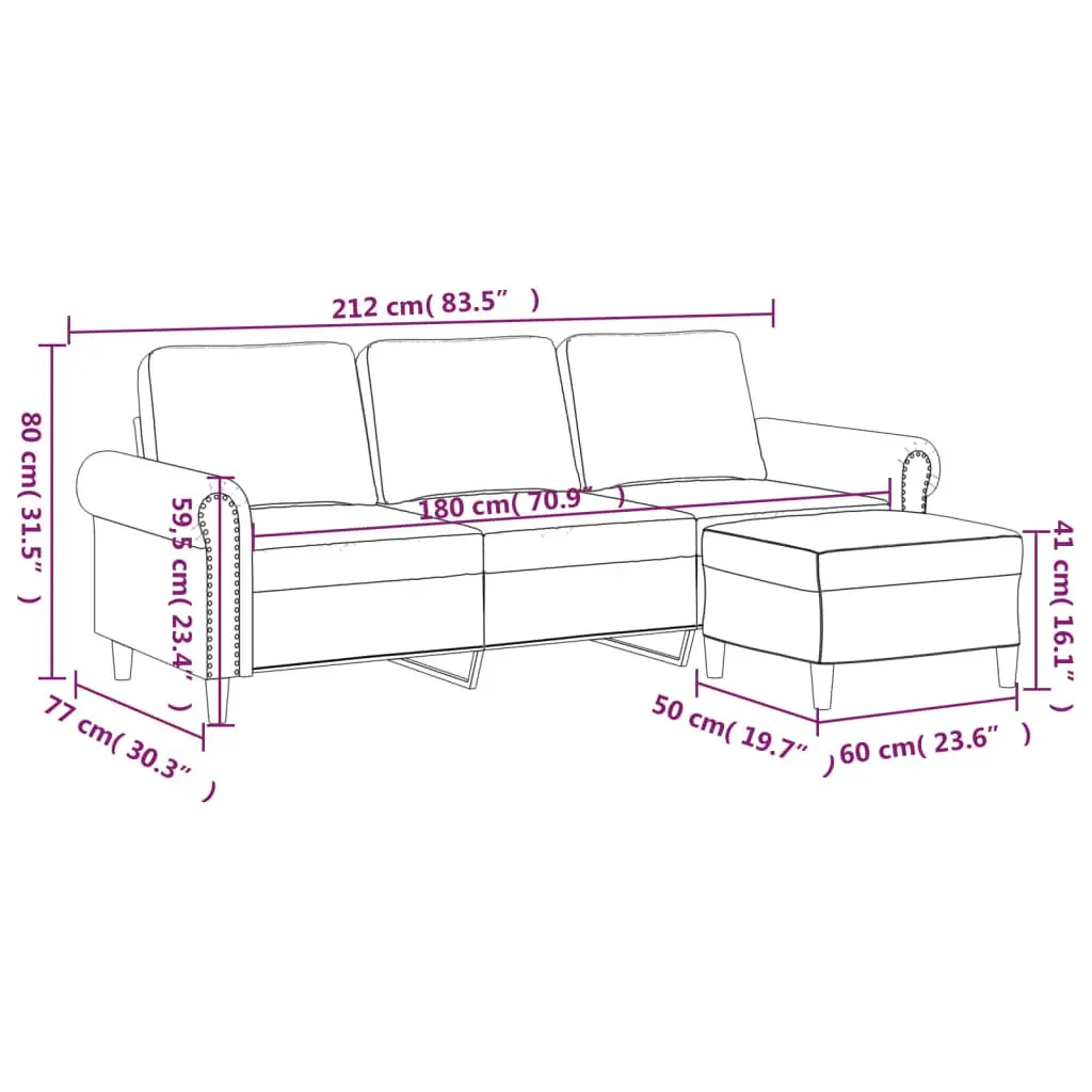 3-Seater Sofa with Footstool for Living Room Grey Velvet 180cm