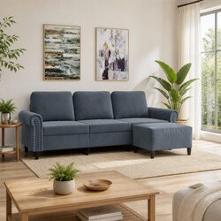 3-Seater Sofa with Footstool Grey Velvet Modern Living Room Furniture 180cm