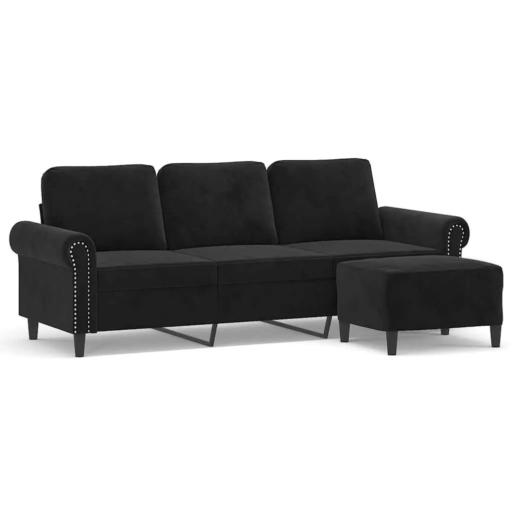3-Seater Sofa with Footstool for Living Room Black Velvet 180cm