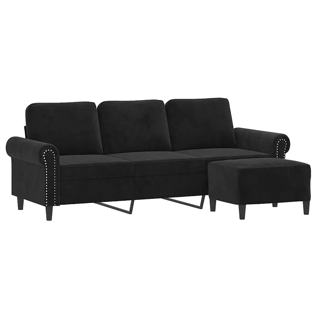 3-Seater Sofa with Footstool for Living Room Black Velvet 180cm