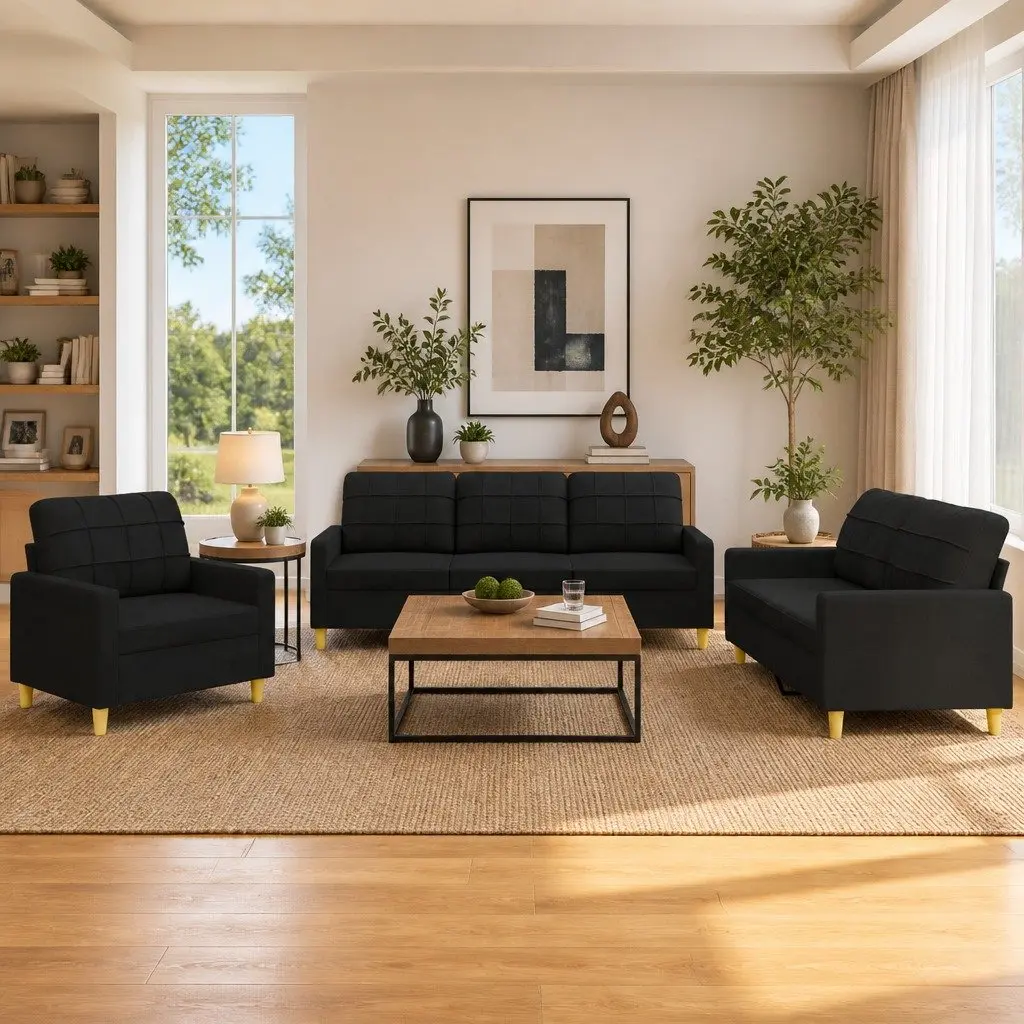 3 Piece Sofa Set Black Fabric Living Room Furniture Lounge Couch with Cushions