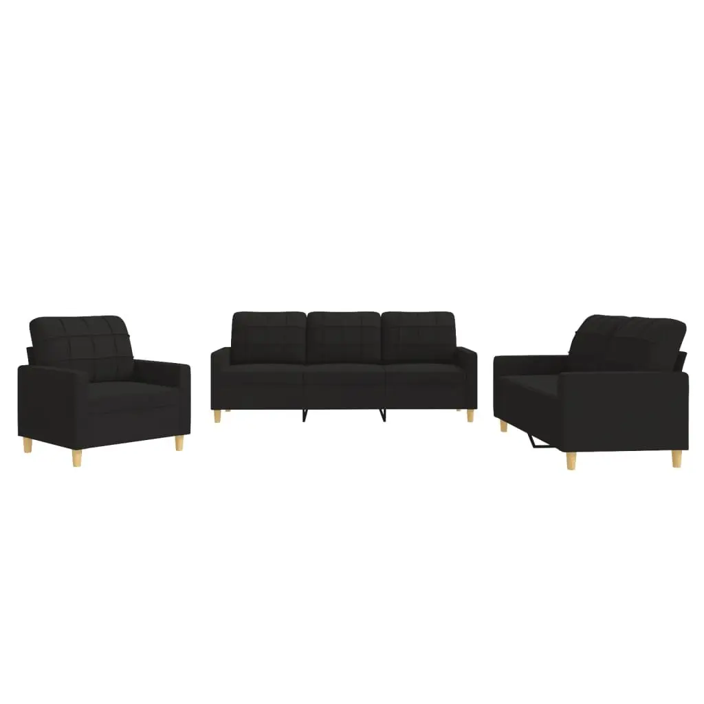 3 Piece Sofa Set Black Fabric Living Room Furniture Lounge Couch with Cushions