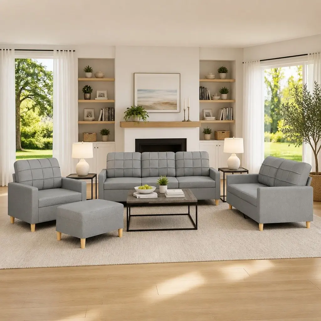 4 Piece Grey Fabric Sofa Set