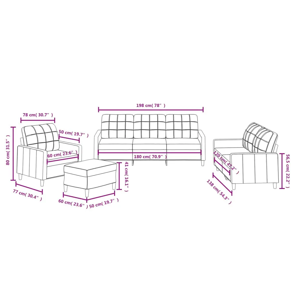 4 Piece Sofa Set Grey Fabric with Cushions Footstool Living Room Furniture