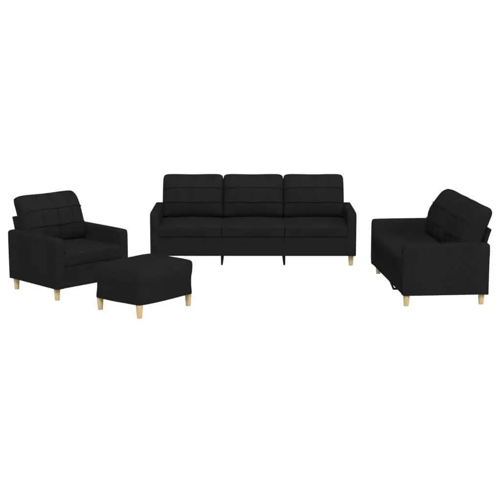 4 Piece Sofa Set with Cushions Black Fabric Living Room Lounge Suite Footstool