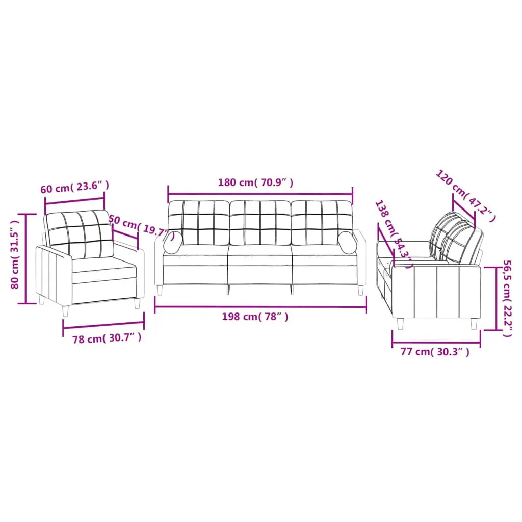 3 Piece Sofa Set Grey Fabric Living Room Couch with Pillows Comfortable Seating