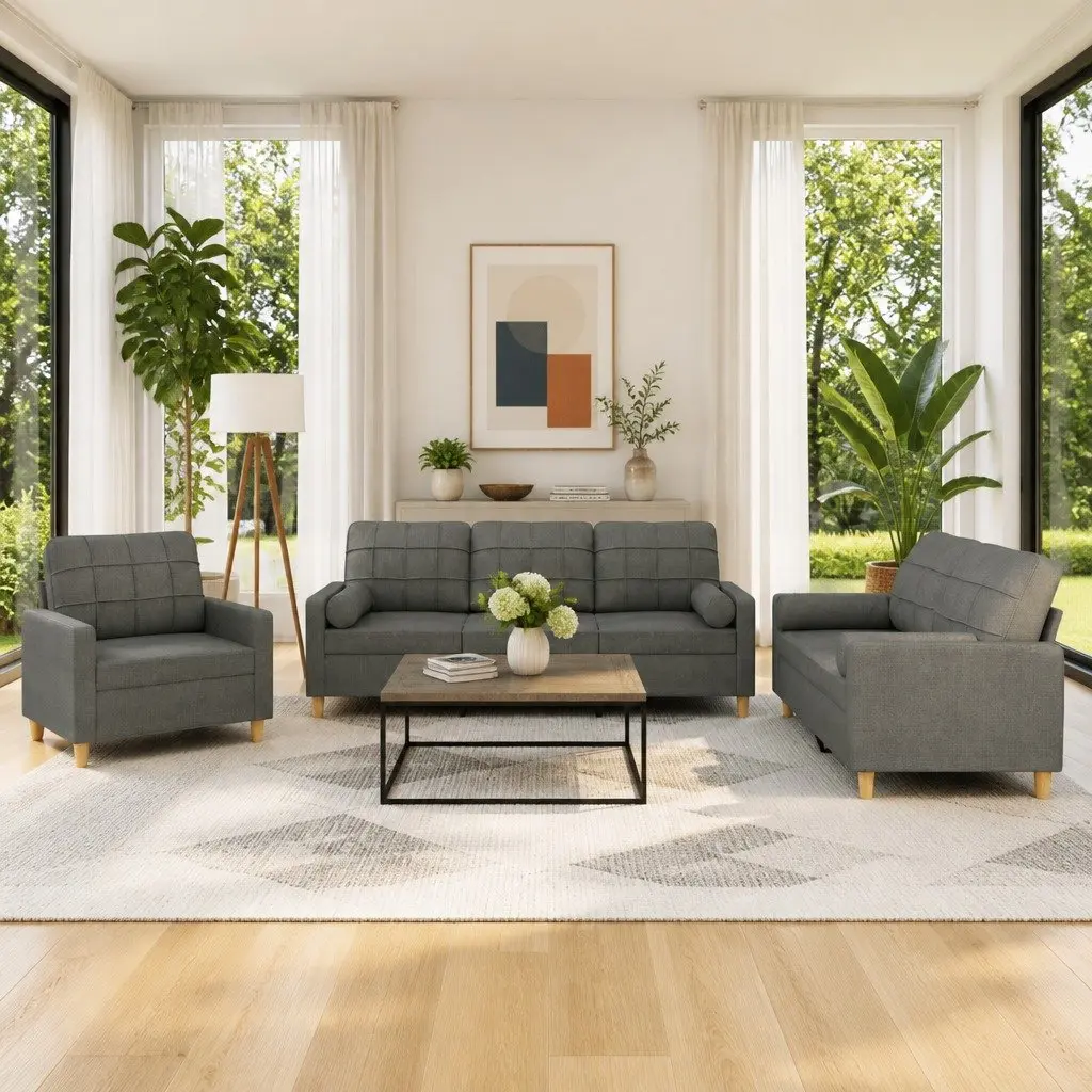3 Piece Sofa Set Living Room Grey Fabric Couch